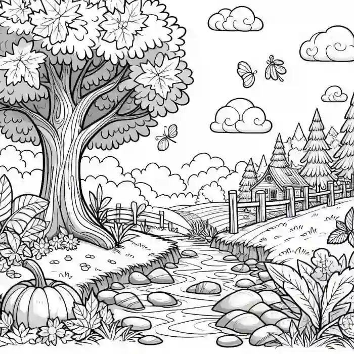 Dibujo de camino rural en otoño para colorear