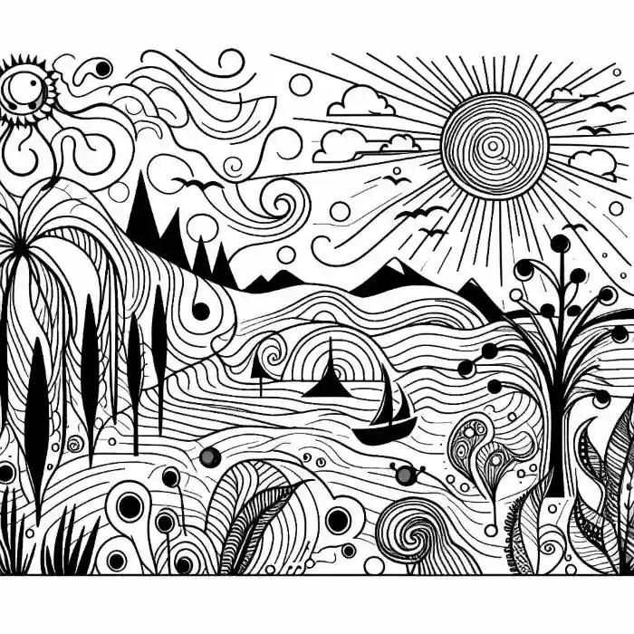 Dibujo abstracto paisaje verano para colorear