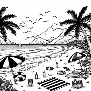 Imagen de sombrilla y toalla en la playa para pintar