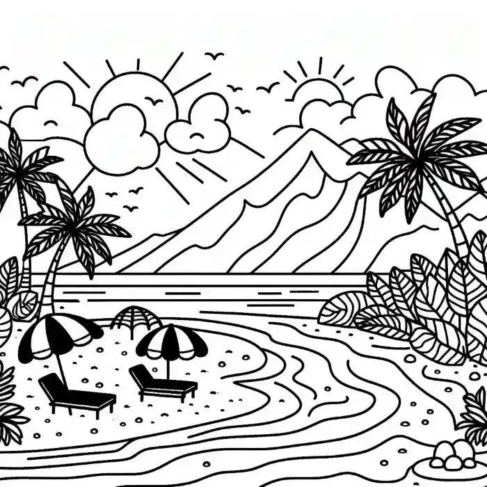 Dibujo isla con montañas para colorear