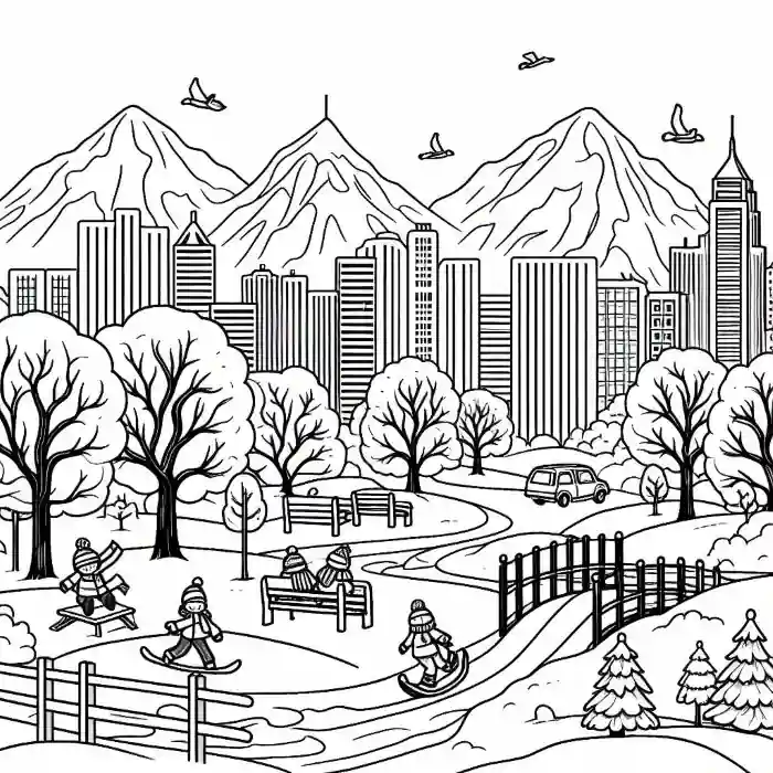 Parque urbano nevado para colorear