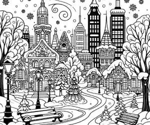 Dibujo ciudad en invierno para colorear