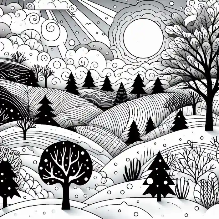 Paisaje sol en invierno para colorear