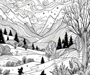 Dibujo montañas nevadas en invierno para colorear