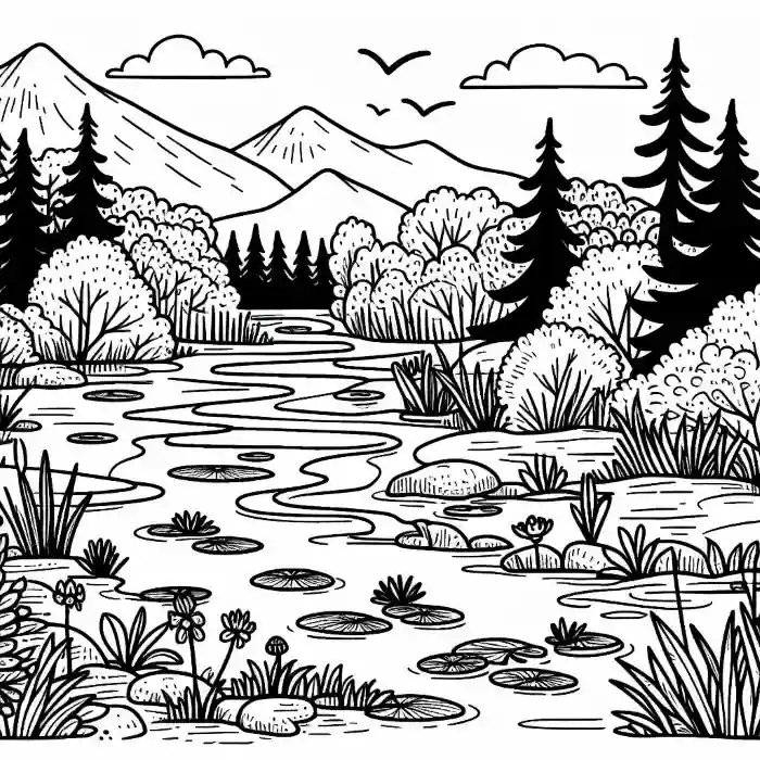 Bosque y montañas en marismas para colorear