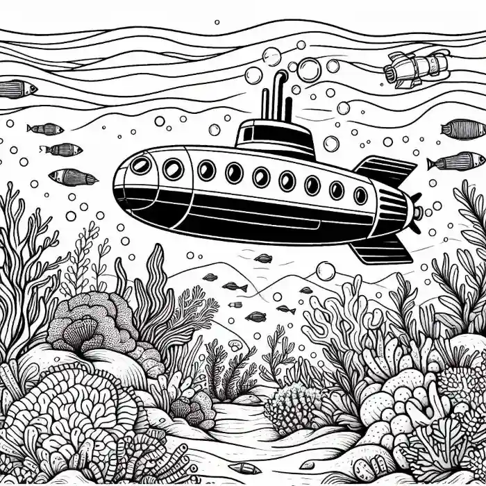 Dibujo de submarino sobre corales para colorear