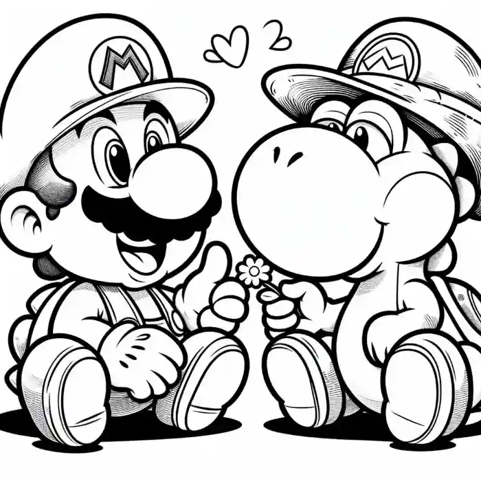 Dibujo de Mario y Yoshi corazón para colorear