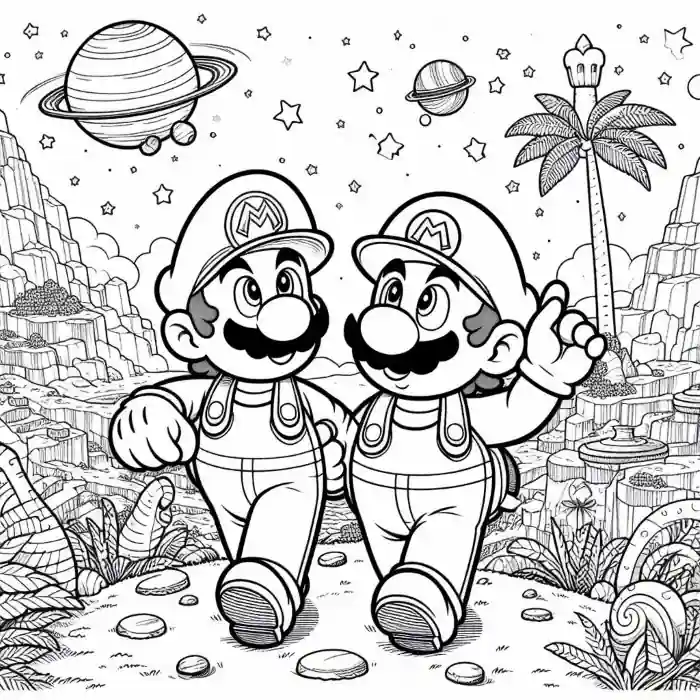 Mario y Luigi de paseo para colorear