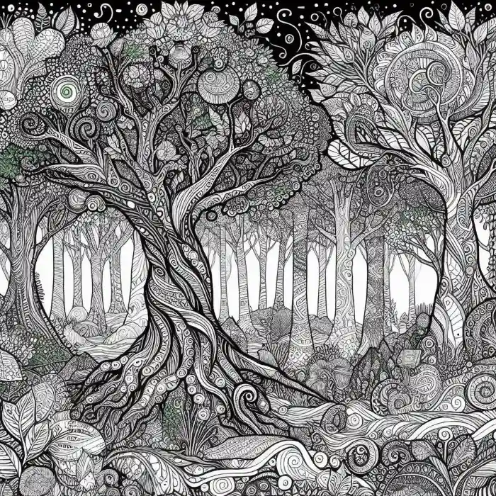 Imagen de bosque fantasía para pintar