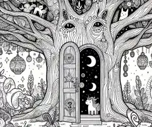 Imagen árbol con puerta mágica para pintar