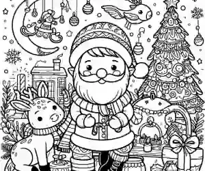 Christmas with tree and Santa Claus coloring page