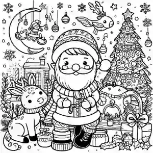 Christmas with tree and Santa Claus coloring page