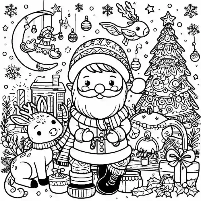 Dibujo Navidad con árbol y Papa Noel para colorear