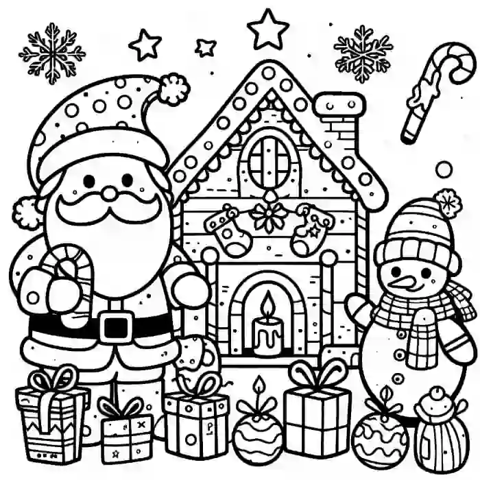 Dibujo de Casita de caramelos y Papá Noel para colorear