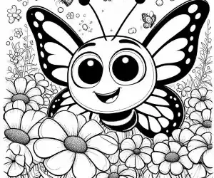 Butterfly with daisies coloring page