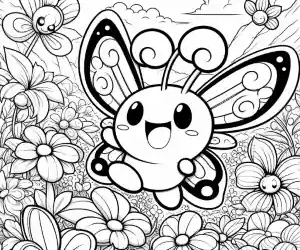 Happy butterfly on flowers coloring page
