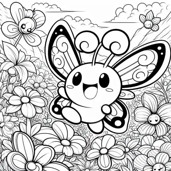 Dibujo de Mariposa feliz sobre flores para colorear