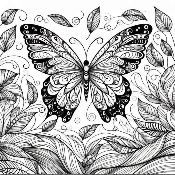 Dibujo de mariposa sobre hojas para colorear