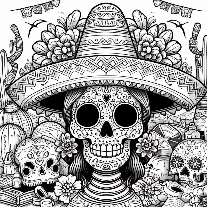 Dibujo de calavera con sombrero mexicano para colorear