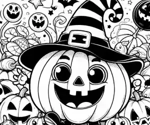 Pumpkin with witch hat coloring page