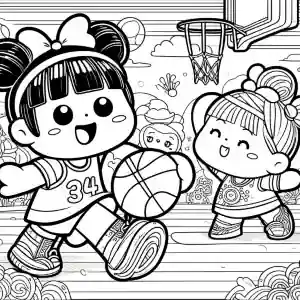 Coloring page of children playing basketball