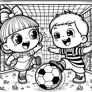 Coloring page of children playing soccer