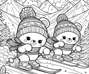 Coloring page of bears skiing