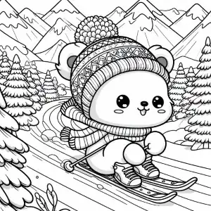 Coloring page of bear skiing on the mountain