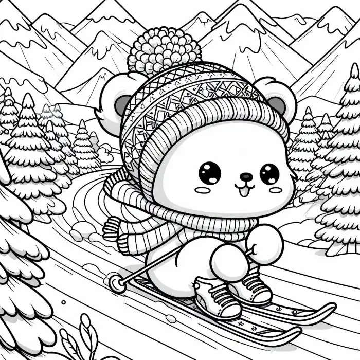 Dibujo de osito esquiando en la montaña para colorear