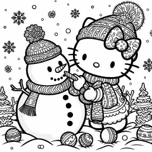 Hello Kitty with snowman coloring page