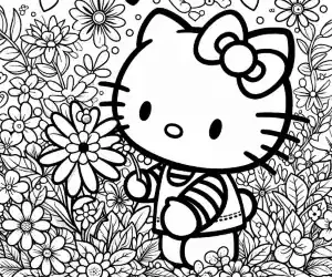 Hello Kitty in spring coloring page