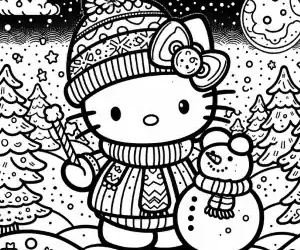 Hello Kitty making a snowman coloring page