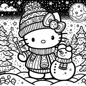Hello Kitty making a snowman coloring page