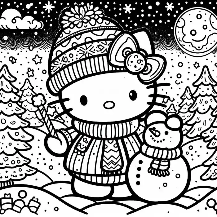 Dibujo de Hello Kitty haciendo muñeco de  nieve para colorear