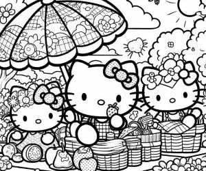 Hello Kitty and friends on a picnic coloring page