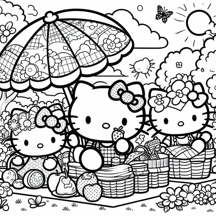 Dibujo de Hello Kitty y amigos de picnic para colorear