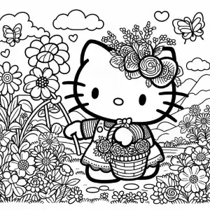 Hello Kitty with flowers coloring page