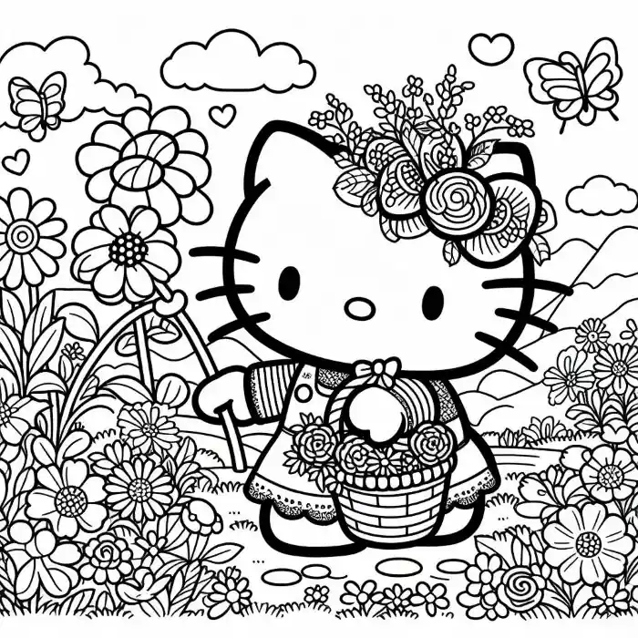 Dibujo de Hello Kitty con flores para colorear