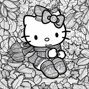 Hello Kitty with leaves in autumn coloring page