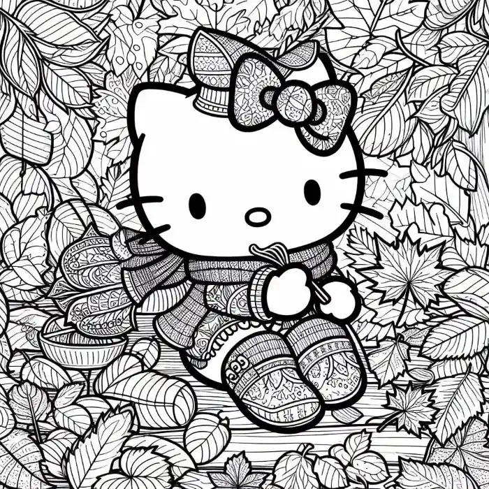 Dibujo Hello Kitty con hojas en otoño para colorear