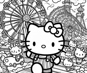 Hello Kitty in an amusement park coloring page