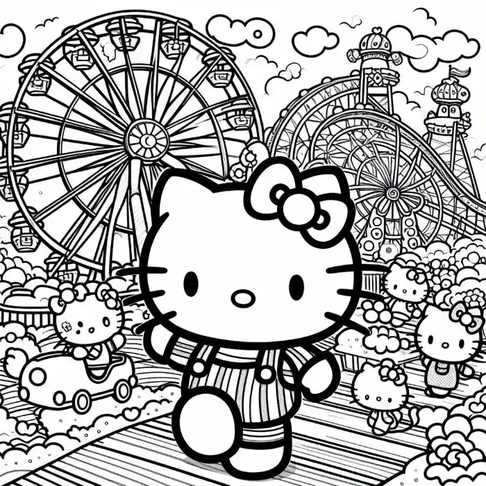 Dibujo de Hello Kitty en parque de atracciones para colorear