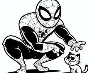 Spiderman with kitten coloring page