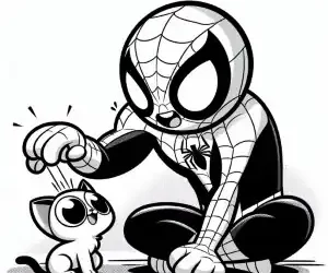 Spiderman caressing kitten coloring page