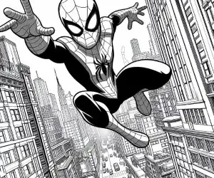 Spiderman between buildings coloring page