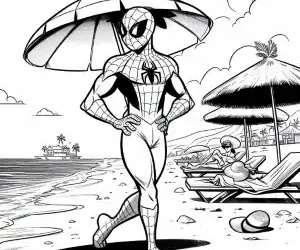 Spiderman posing on the beach to color