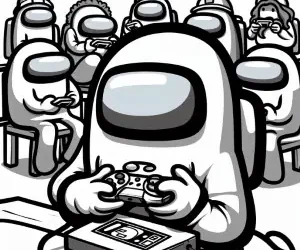 Among us crew member playing video games coloring page