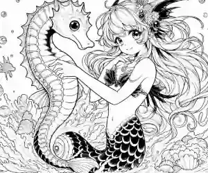 Anime mermaid with seahorse to color