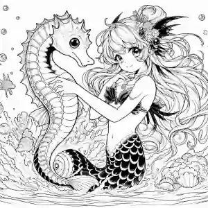 Anime mermaid with seahorse to color