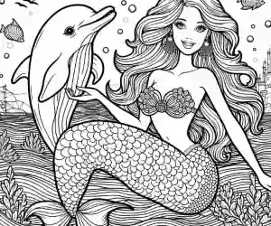 Barbie mermaid with dolphin to color